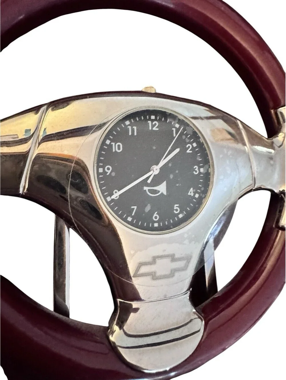 Vintage Chevrolet Mahogany Wood and Chrome Steering Wheel Desk Clock